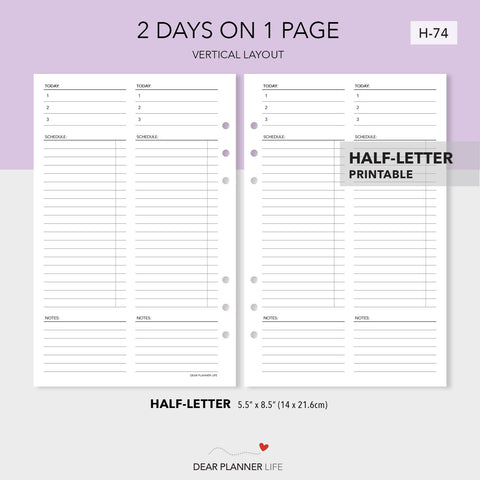 2 Days on 1 Page Vertical Layout (Half-Letter) Printable PDF : H-74