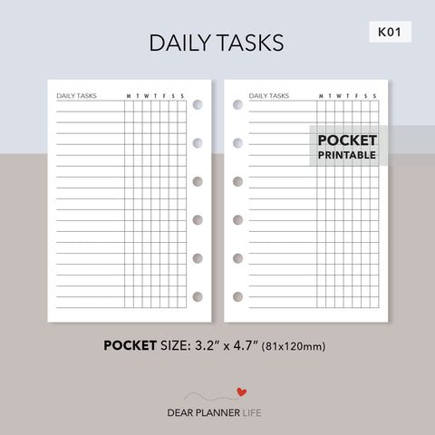 Daily Tasks Tracker (Pocket Size) Printable PDF : K-01