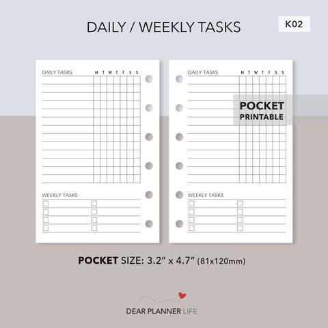 Daily / Weekly Tasks List (Pocket Size) Printable PDF : K-02