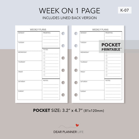 Week on 1 Page, Undated (Pocket Size) Printable PDF : K-07