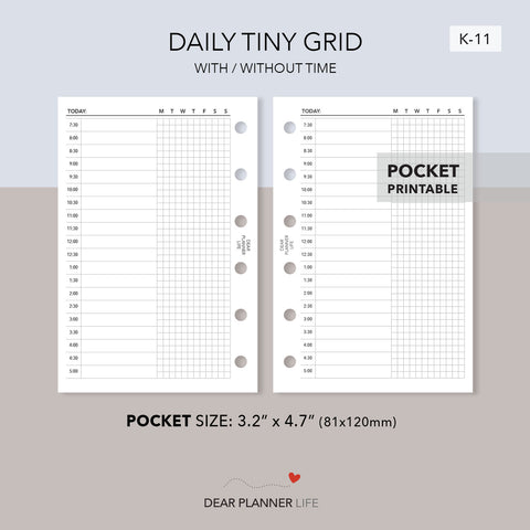 Tiny Grid Daily - With & Without Hours (Pocket Size) Printable PDF : K-11