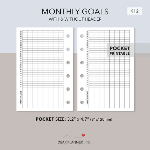 Monthly Goals Tracker (Pocket Size) Printable PDF : K-12