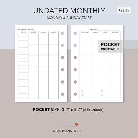 Undated Monthly Template (Pocket Size) Printable PDF : K-22.25