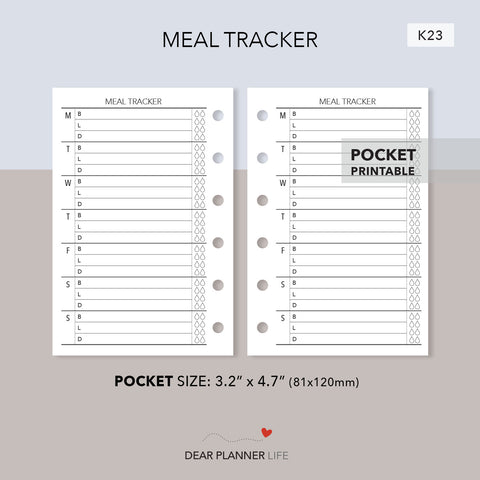 Meal / Food Tracker (Pocket Size) Printable PDF : K-23