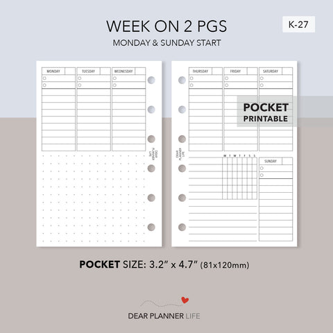 Vertical Week on 2 Pages - Undated (Pocket Size) Printable PDF : K-27