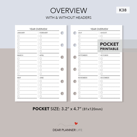 Year Overview (Pocket Size) Printable PDF : K-38