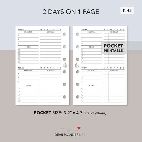 2 Days on 1 Page (Pocket Size) Printable PDF : K-42