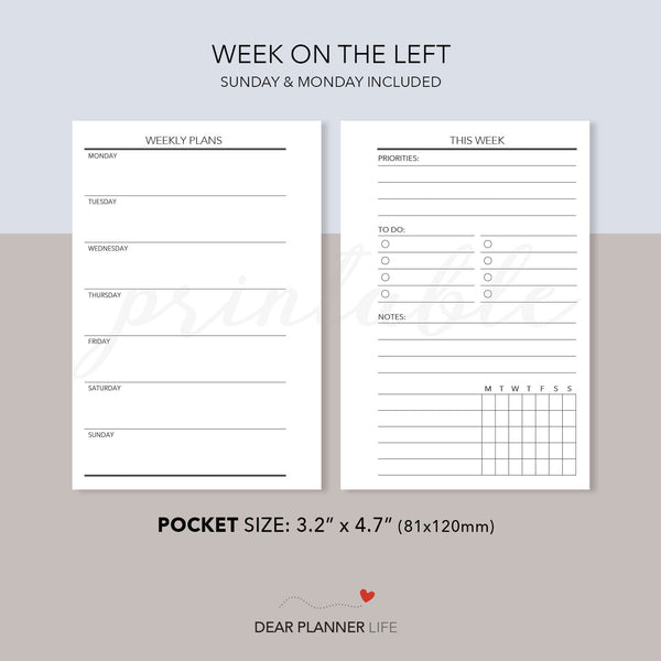 Undated Weekly Agenda, Week on 1 Page (Pocket Size) Printable PDF : K-51