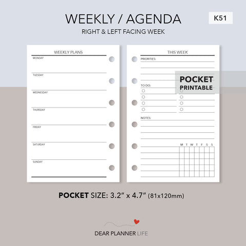 Undated Weekly Agenda, Week on 1 Page (Pocket Size) Printable PDF : K-51
