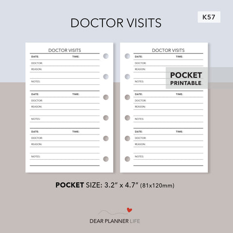 Doctor Visits Tracker (Pocket Size) Printable PDF : K-57