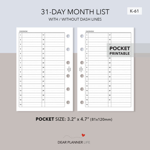 31-Day Month List Overview (Pocket Size) Printable PDF : K-61