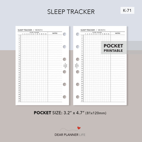 Sleep Tracker (Pocket Size) Printable PDF : K-71
