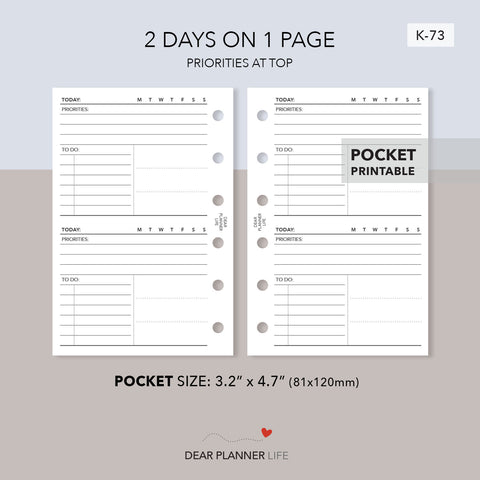 2 Days on 1 Page with Priorities at Top (Pocket Size) Printable PDF : K-73