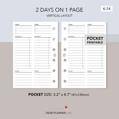 2 Days on 1 Page - Vertical Layout (Pocket Size) Printable PDF : K-74