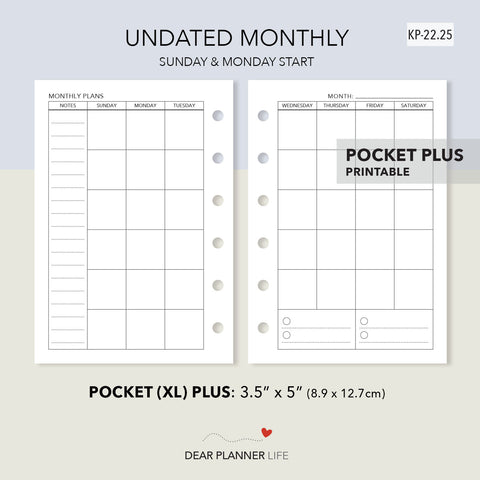 Undated Month on 2 Pages Template (Pocket Plus) Printable PDF : KP-22.25