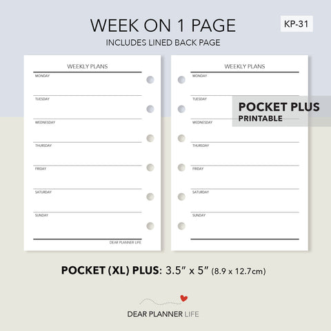 Undated Week on 1 Page, Basic Style (Pocket Plus) Printable PDF : KP-31