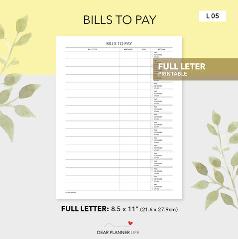 Bills To Pay Tracker (Letter Size) Printable PDF - L-05