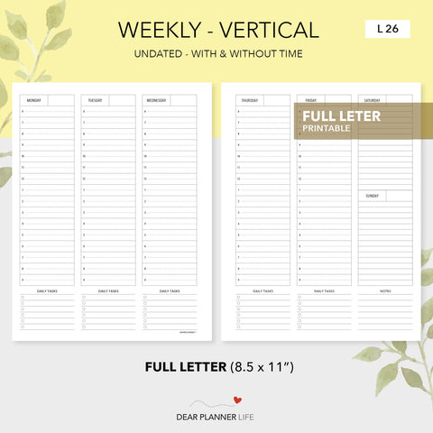 Undated Vertical Week on 2 Pages (Letter Size) Printable PDF - L-26