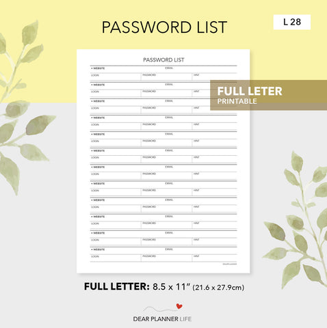 Password List (Letter Size) Printable PDF - L-28