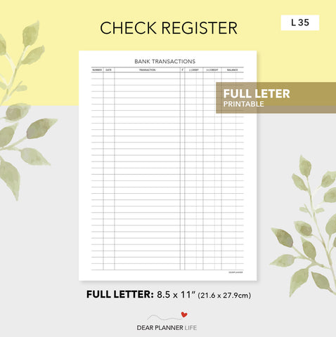 Check Register Log (Full Letter) Printable PDF - L-35