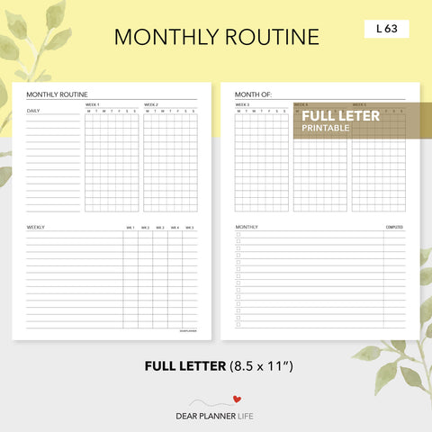 Monthly Routine Tracker (Letter Size) Printable PDF - L-63