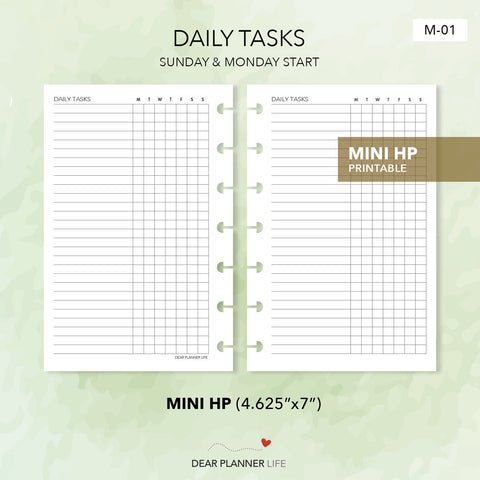 Daily Tasks Tracker (Mini HP Size) Printable PDF : M-01