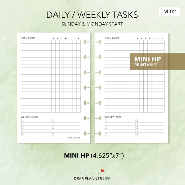 Daily-Weekly Tasks Tracker (Mini HP Size) Printable PDF : M-02