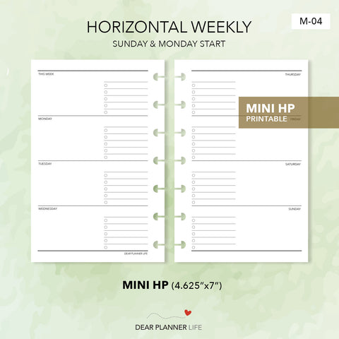 Horizontal Week on 2 Pages (Mini HP Size) Printable PDF : M-04