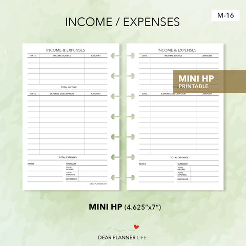 Income & Expenses Tracker (Mini HP Size) Printable PDF : M-16