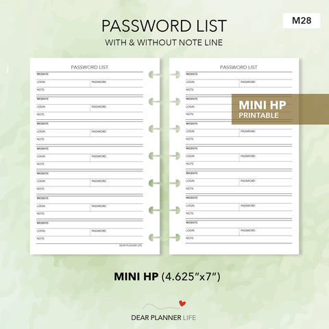 Password List (Mini HP Size) Printable PDF : M-28