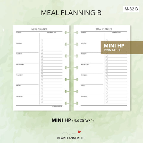 Meal Planner B (Mini HP Size) Printable PDF : M-32 B