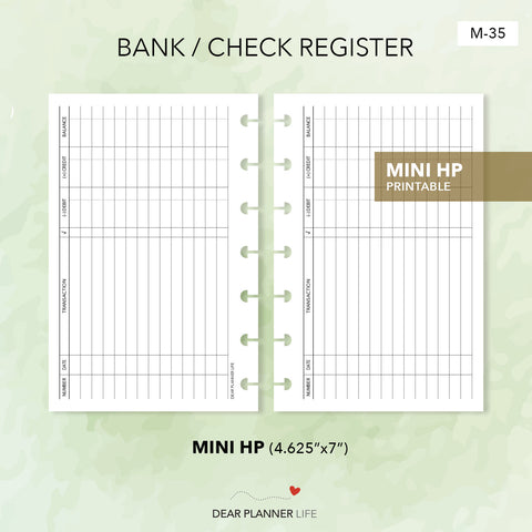 Bank / Check Transactions Log (Mini HP Size) Printable PDF : M-35