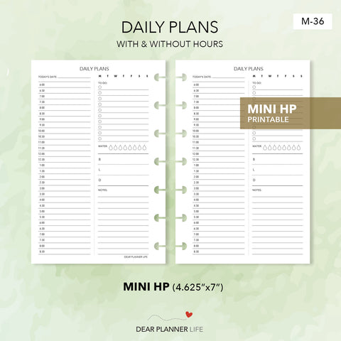 Daily Plans With or Without Hours (Mini HP Size) Printable PDF : M-36