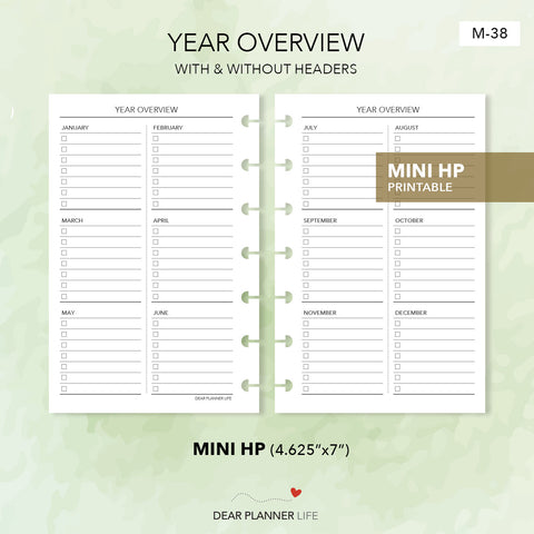 Year / Goals Overview (Mini HP Size) Printable PDF : M-38