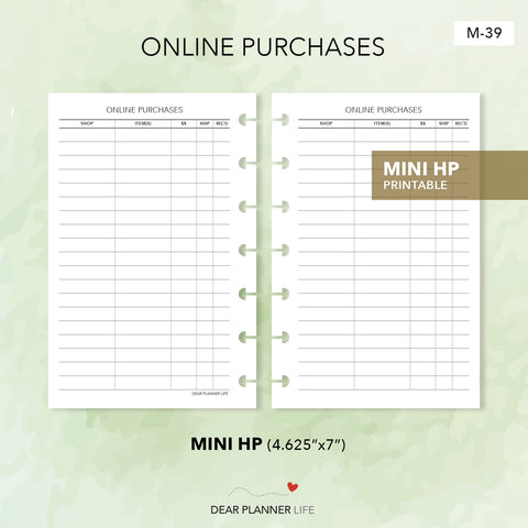 Online Purchases Tracker (Mini HP Size) Printable PDF : M-39