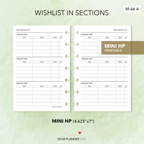 Wishlist in Categories/Sections (Mini HP Size) Printable PDF : M-46 A