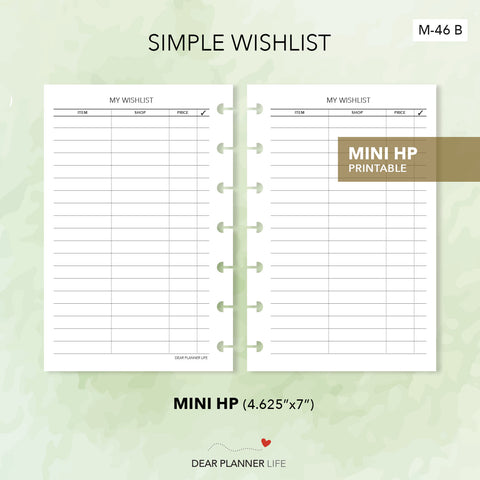 Wishlist Tracker (Mini HP Size) Printable PDF : M-46 B