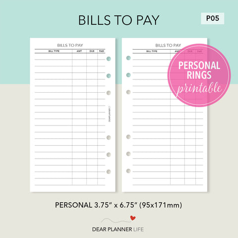 Bills To Pay Tracker PDF Printable : P05
