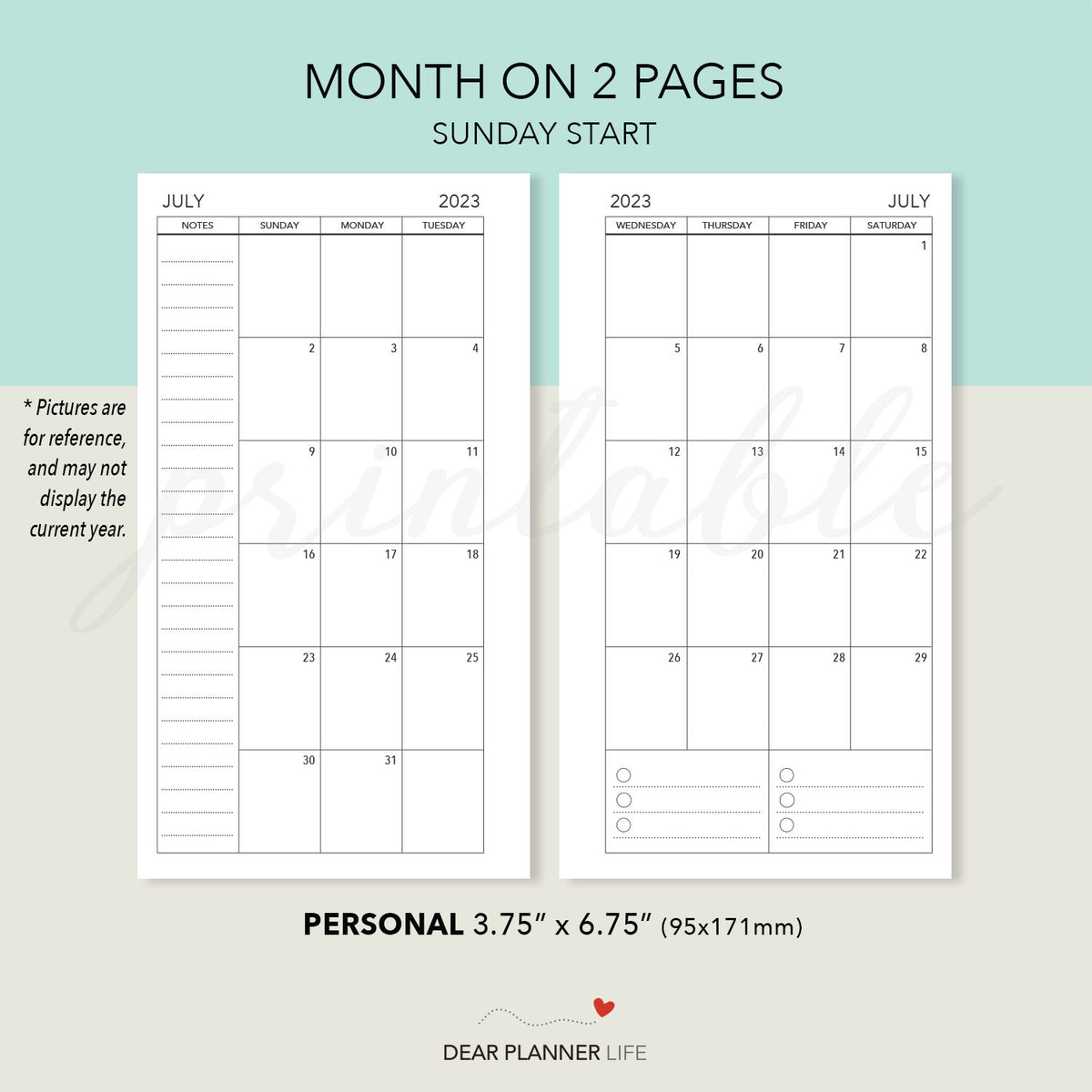 2025 Month on 2 Pages (Personal Size) SUNDAY Start, Printable PDF : P ...