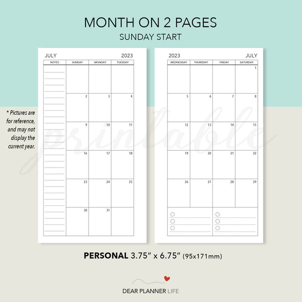 2025 Month on 2 Pages (Personal Size) SUNDAY Start, Printable PDF : P-22