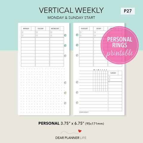 Vertical Week on 2 Pages (Personal Size) Printable PDF : P27
