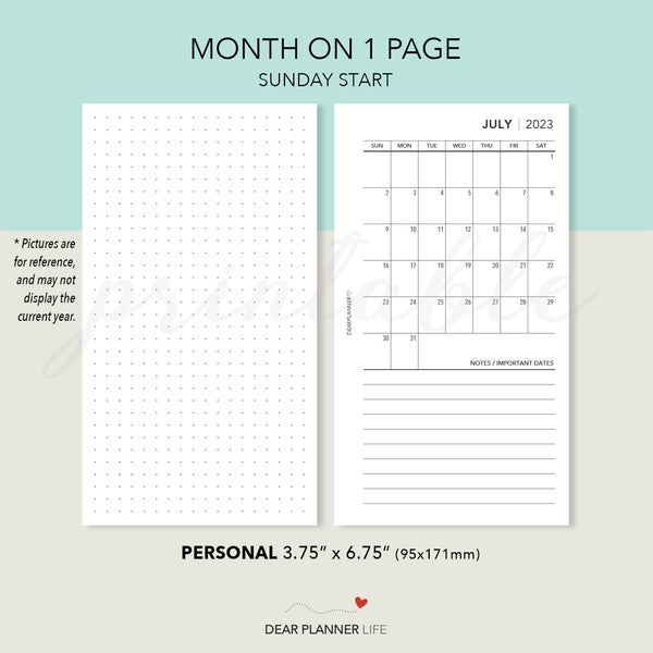 2025 Personal Size : Sunday Start Month On 1 Page Printable PDF : P-29