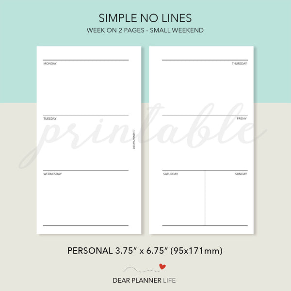 Week on 2 Pages with Small Weekend (Personal Size) Printable PDF : P-33