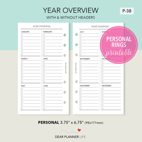 Year Overview Tracker (Personal Size) Printable PDF : P-38
