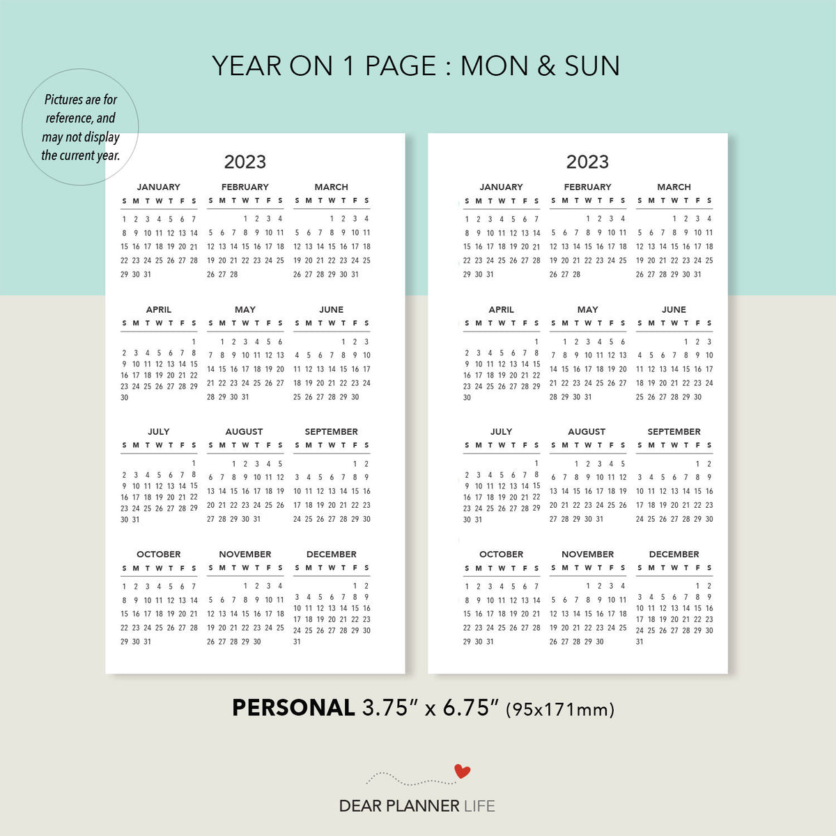 2023 Year on 1 Page with Holidays - Monday & Sunday Start (Personal Si