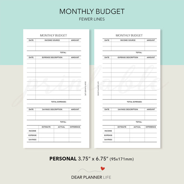 Monthly Budget (Personal Size) Printable PDF : P-47