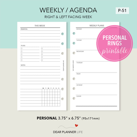 Week on 1 Page / Agenda (Personal size) Printable PDF : P-51