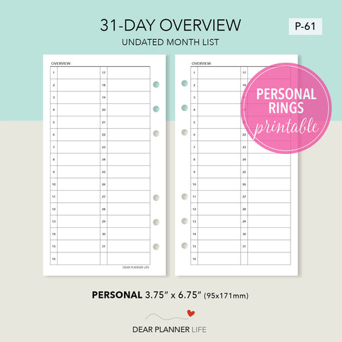 Monthly List Overview Template (Personal Size) Printable PDF : P-61