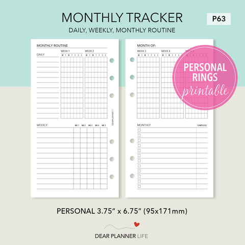 Monthly Routine Tracker (Personal Size) Printable PDF : P-63