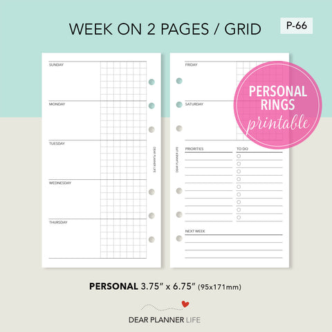 Week on 2 Pages with Grid (Personal Size) PDF Printable : P-66